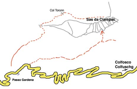 Sass Ciampac, přístupová mapka