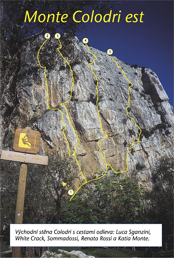 Arco-Monte Colodri, východní stěna zákres cest
