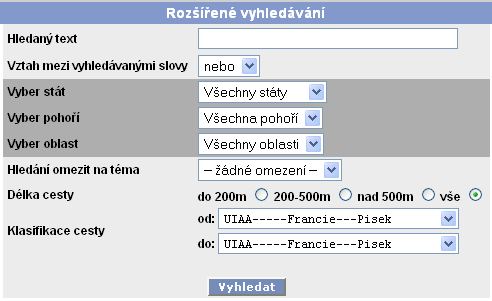 Formulář rozšířeného hledání cest