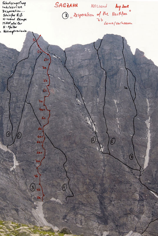Sagzahn, přehled cest<br><ol><li>Schutzengelweg <li>Indubiorisse <li>Desperation of the Northface<li>Schiefer Riss<li>N-wand Rampe<li>Mittelpfeiler<li>N-pfeiler</ol>7a. varianta