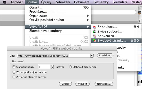 K offline stahování celých webů, nebo jejich částí slouží i Adobe Acrobat