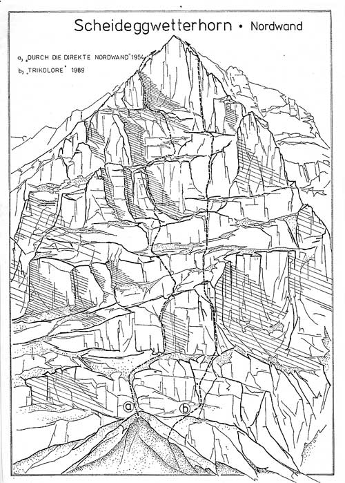 Wetterhorn, Trikolóra, nákres stěny, kresba Michal Coubal<br />a - Direkte Nordwand<br />b - Trikolóra
