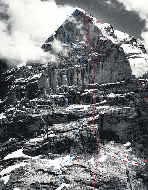 Wetterhorn, Foto stěny:<br />a - Direkte Nordwand s Japonskou variantou (tečkovaně)<br />b - Západní pilíř<br />c - Trikolóra<br />
