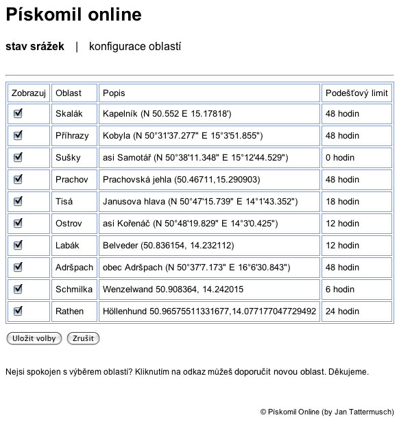 Pískomil - přehled oblastí s možností je vypnout