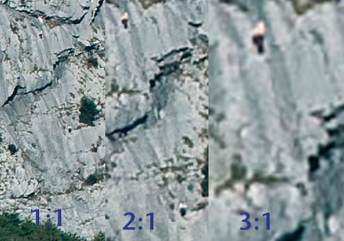 Originál a zvětšení dvakrát a třikrát bikubickou interpolací, jak ji nabízí Photoshop CS3