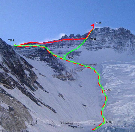Lhoce - topo nové varianty. Zelená - klasika na Lhoce a Everest. Červená - nová varianta