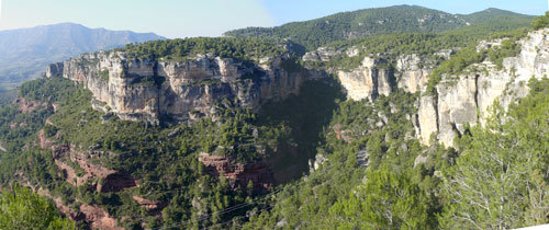 Siurana, Panaroma sektorů Údolí, zcela vlevo Siuranella, uprostřed L'Olla, El Pati a Primavera, vpravo Reserva India