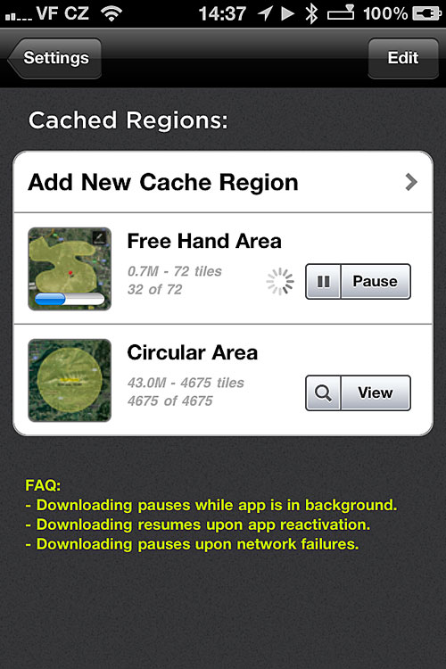 Přehled stažených offline map