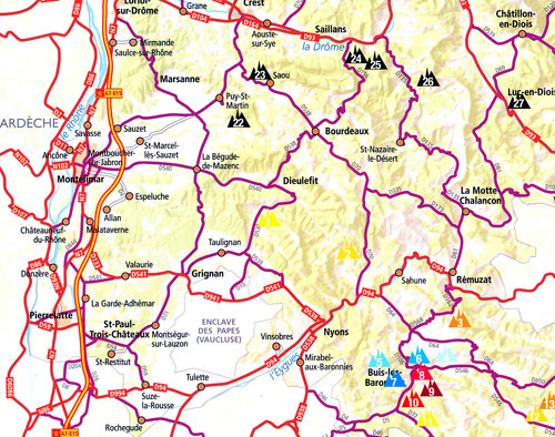 Mapka obsažených oblastí - barevné trojúhelníčky, ty černé mají být v dalších plánovaných dílech
