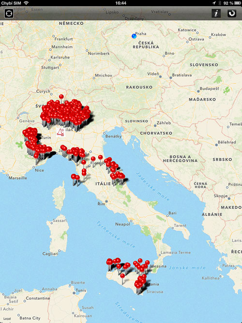 Celková mapka, špendlíčky ukazují jednotlivé skály