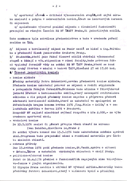 Zápis 4/1976 z jednání Výboru HS MV ČSTV Praha 2