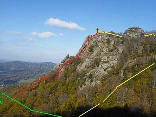 Zeleně je Kozí stezka, žlutě stávající odbočka na Frýdlantské cimbuří, červeně plánované vedení ferraty