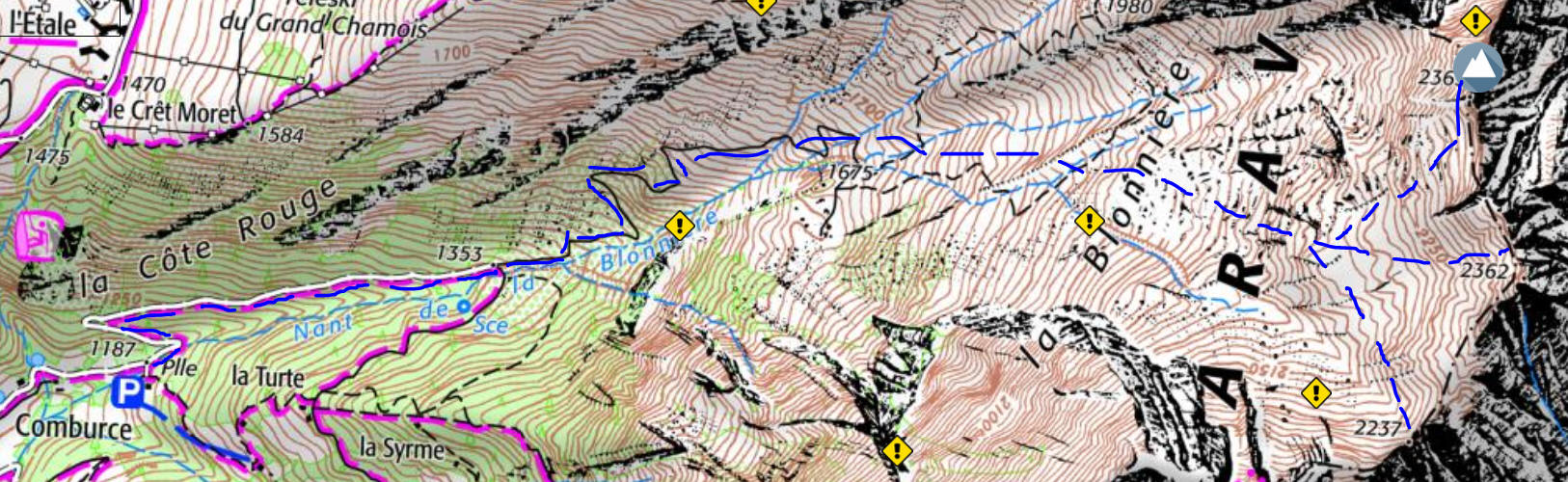 Mapa: Blonnière, západní svahy s výstupovými varianty